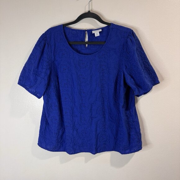 Liz Claiborne T-shirt Blouse XXL / 2XL Eyelet Lace Cotton Royal Blue Boho Lagen - Picture 1 of 9